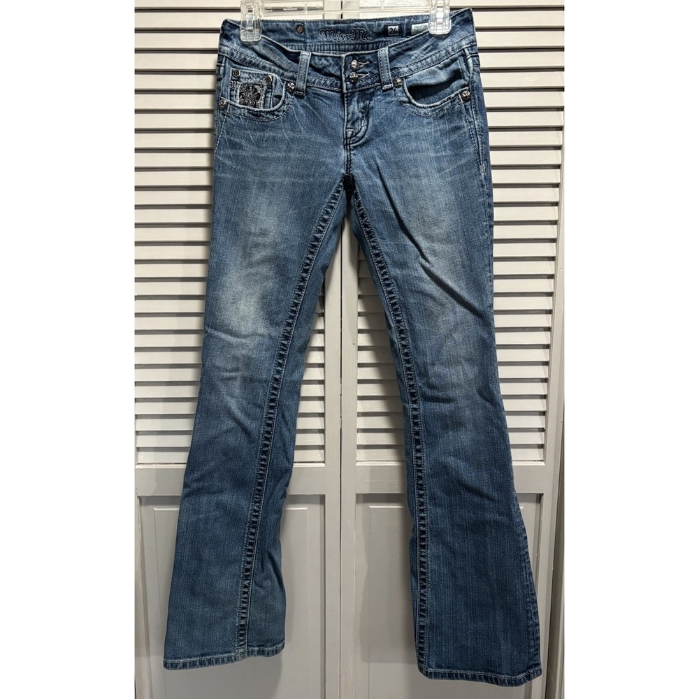 Miss Me Easy Boot  Denim Jeans‎ Embroidered/Gems Med Wash Logo Size 26 Low Rise